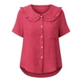 thumbnail image 3 of zbxnLI Women Casual Button down Blouses Tops Summer Short Sleeve Top Breathable Comfort Loose Ruffle Neck Outfits, 3 of 6
