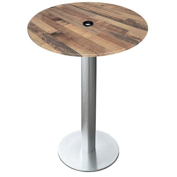 Indoor/Outdoor 42" Tall OD219 Brushed Aluminum Table Base with 18" Diameter foot and 32" Diameter Indoor/Outdoor Rustic Top with Umbrella Hole