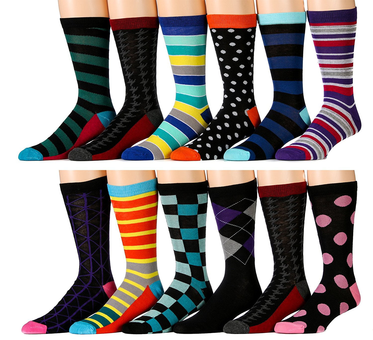 12 Pairs of Excell Mens Designer Cotton Colorful Dress Socks (12 Pairs ...