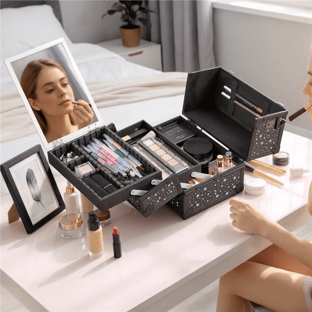 Renwick Portable Makeup Train Case with Mirror and 2 Trays, Black