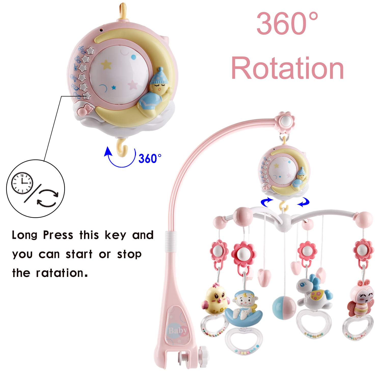 Mini Tudou Baby Musical Crib Mobile with Timing Function Projector and Lights,Hanging Rotating Rattles and Remote Control Music Box with 150 Melodies,Toy for Newborn 0-24 Months