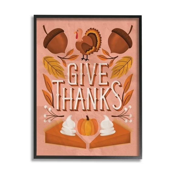 Give Thanks Botanical Pumpkin Desserts Holiday Graphic Art Black Framed Art Print Wall Art
