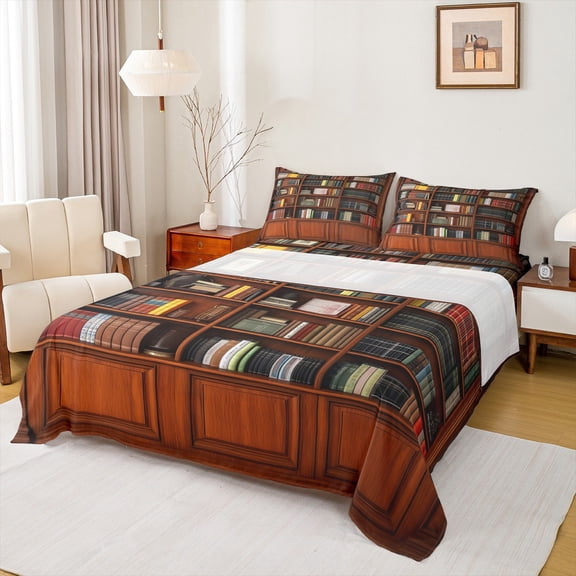 jejeloiu Retro Library Bookcase Twin Sheet Sets,Vintage Books Twin Fitted Sheet,Brown Bookshelf Flat Sheet For Men Women,Breathable Home Decor,3pcs