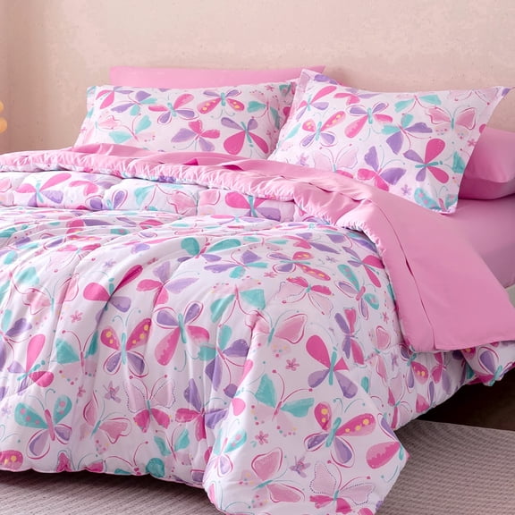Sleep Zone Twin Kids Bedding Comforter Set, 5 Piece Girl Cute Durable Children Bed in a Bag, Butterfly
