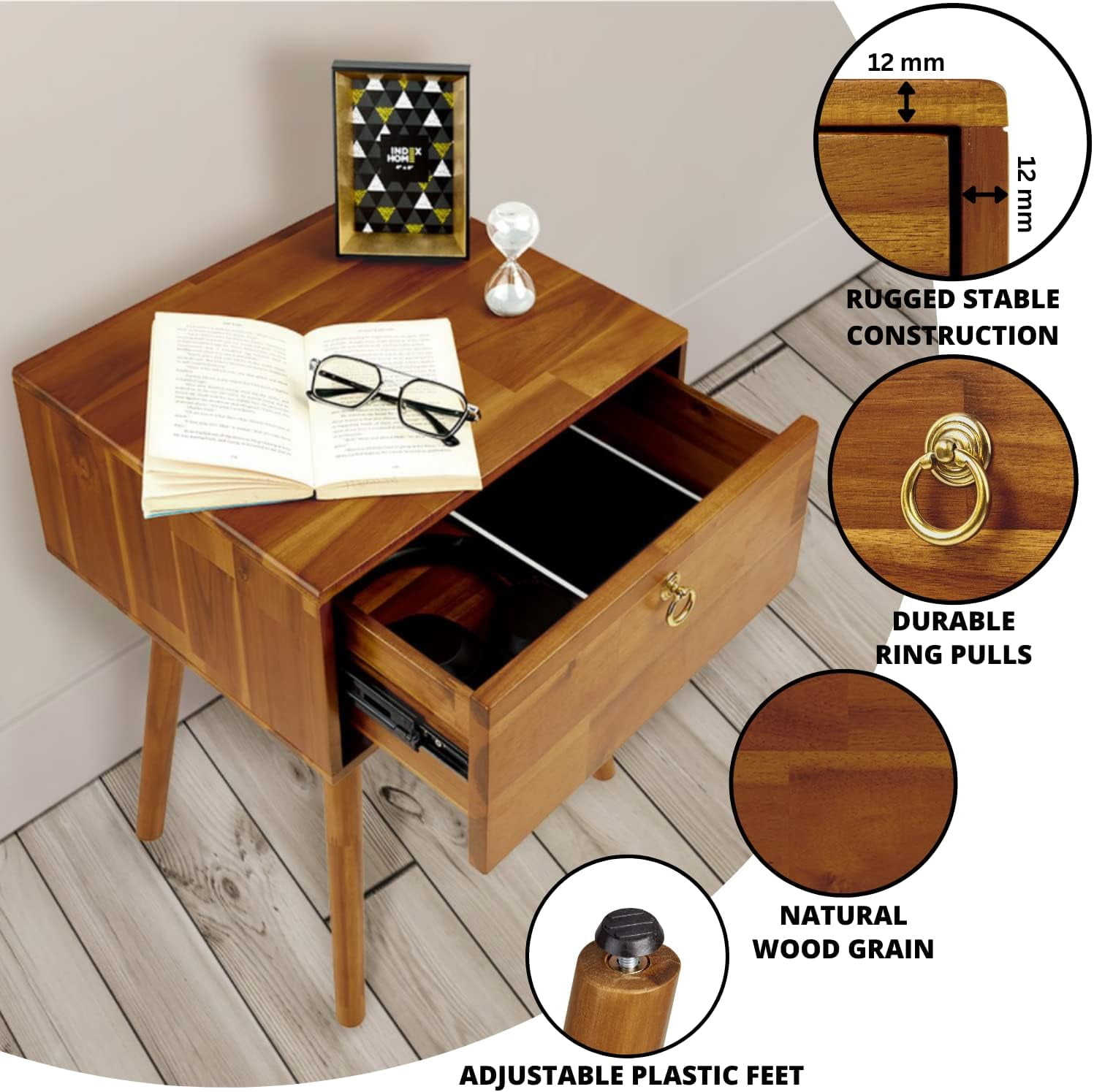 Ledan Nightstand, Modern Style, Solid Acacia Wood, Caramel