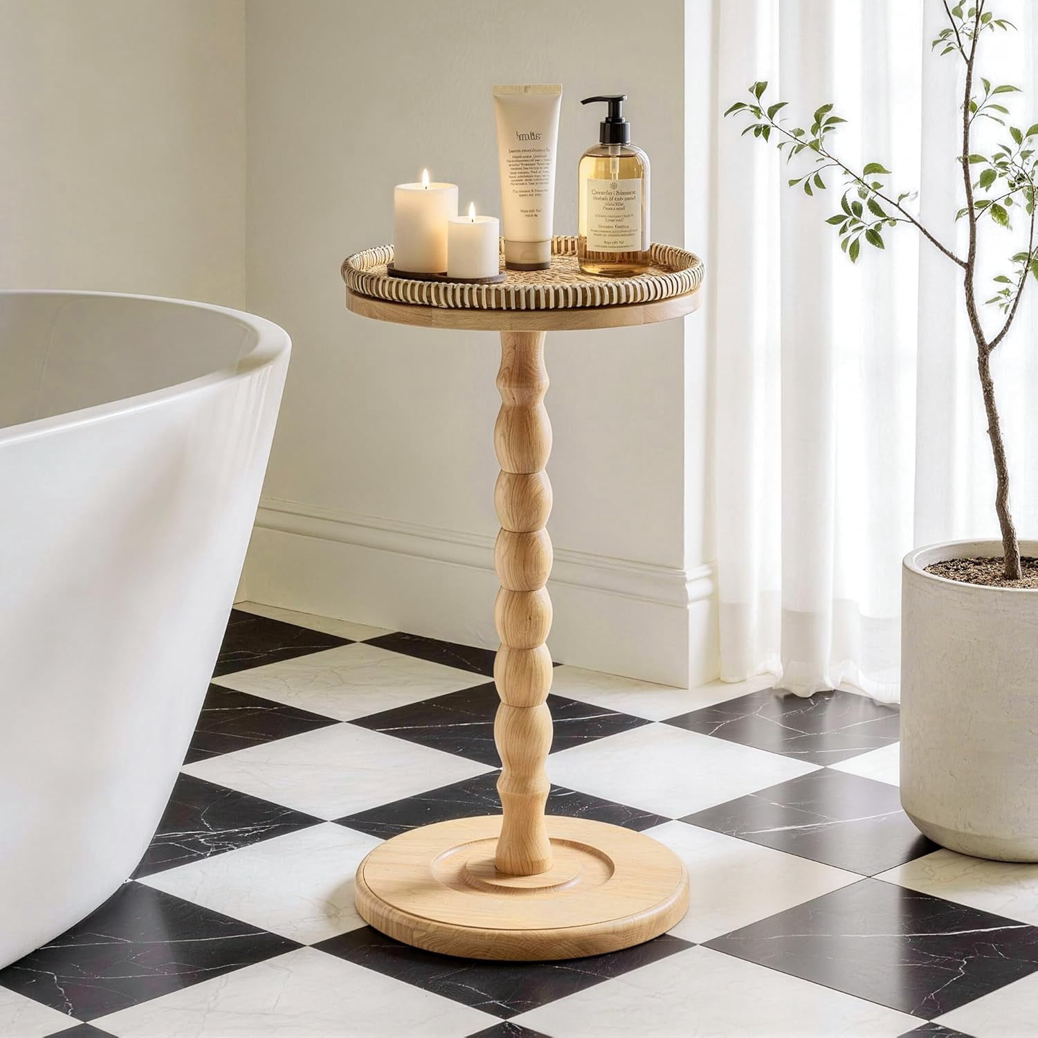 Rattan Round Side Table, Solid Wood Drink Table,Rubberwood‌ Small Drink Table for Small Spaces, Solid Wood Pedestal Coffee Tables, End Tables for Living Room, Sofa , Bedroom
