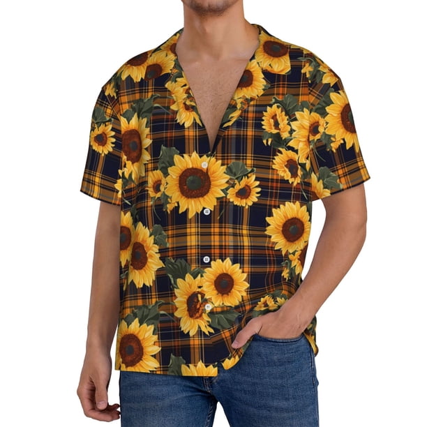 Balery Brown Blue Plaid Sunflower Camisa Casual de Manga Corta con Botones para Hombre, Texturizada, Estilo Cubano, para Playa, Verano-Medium