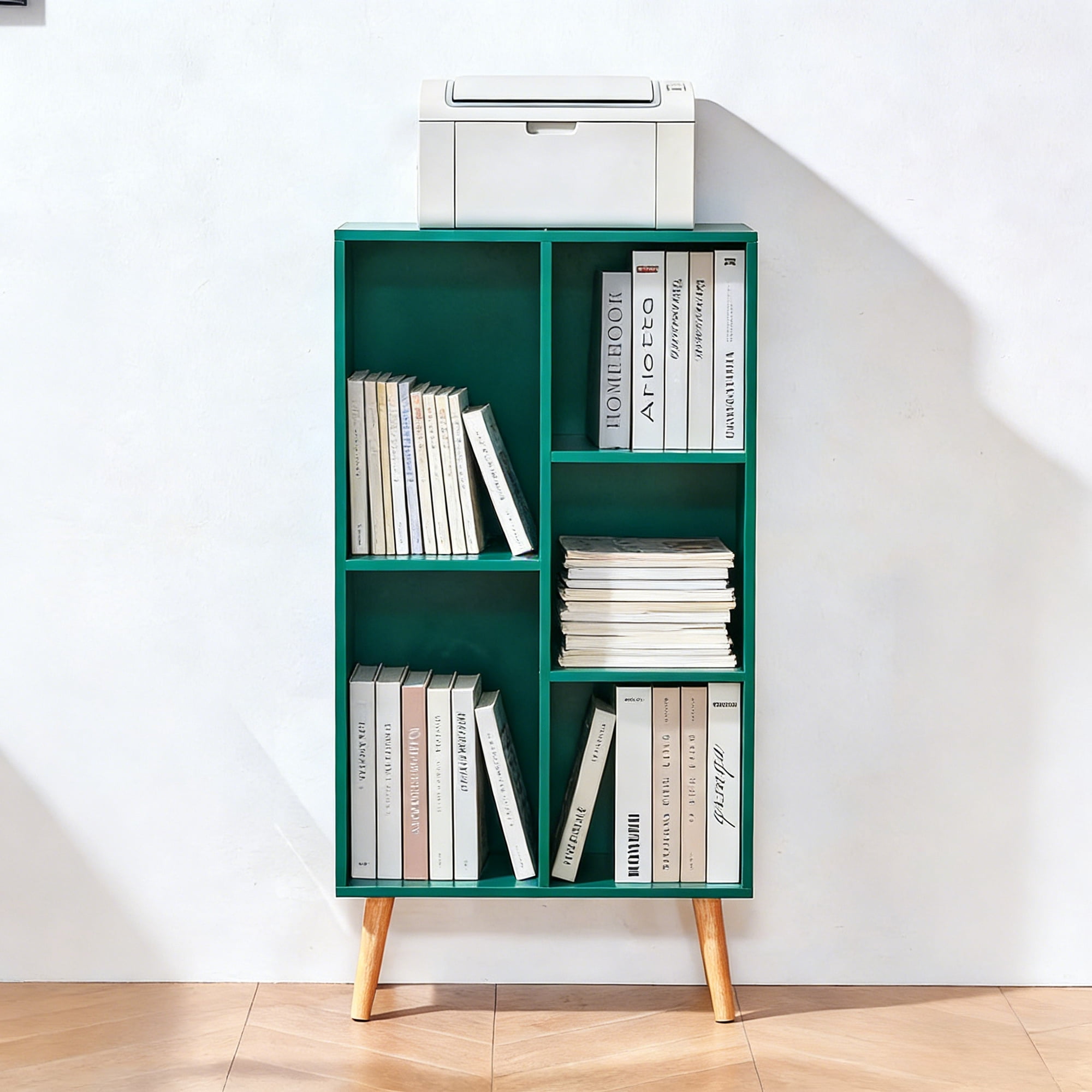 LELELINKY 5-Cube 3-Tier Kids Bookshelf with Legs, Cute Wood Storage Organizer for Nursery and Living Room, Dark Green