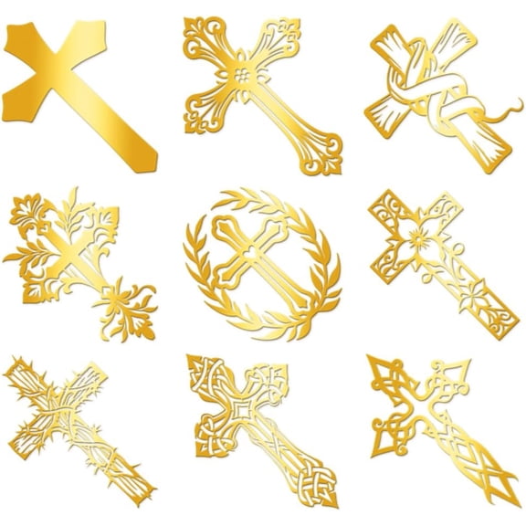 9Pcs Golden Metal Stickers 1.6x1.6inch Gold Cross Stickers Self-Adhesive Scrapbooks Sticker Waterproof Epoxy Decals for Scrapbooks DIY Resin Crafts Phone Water Bottle Decoration