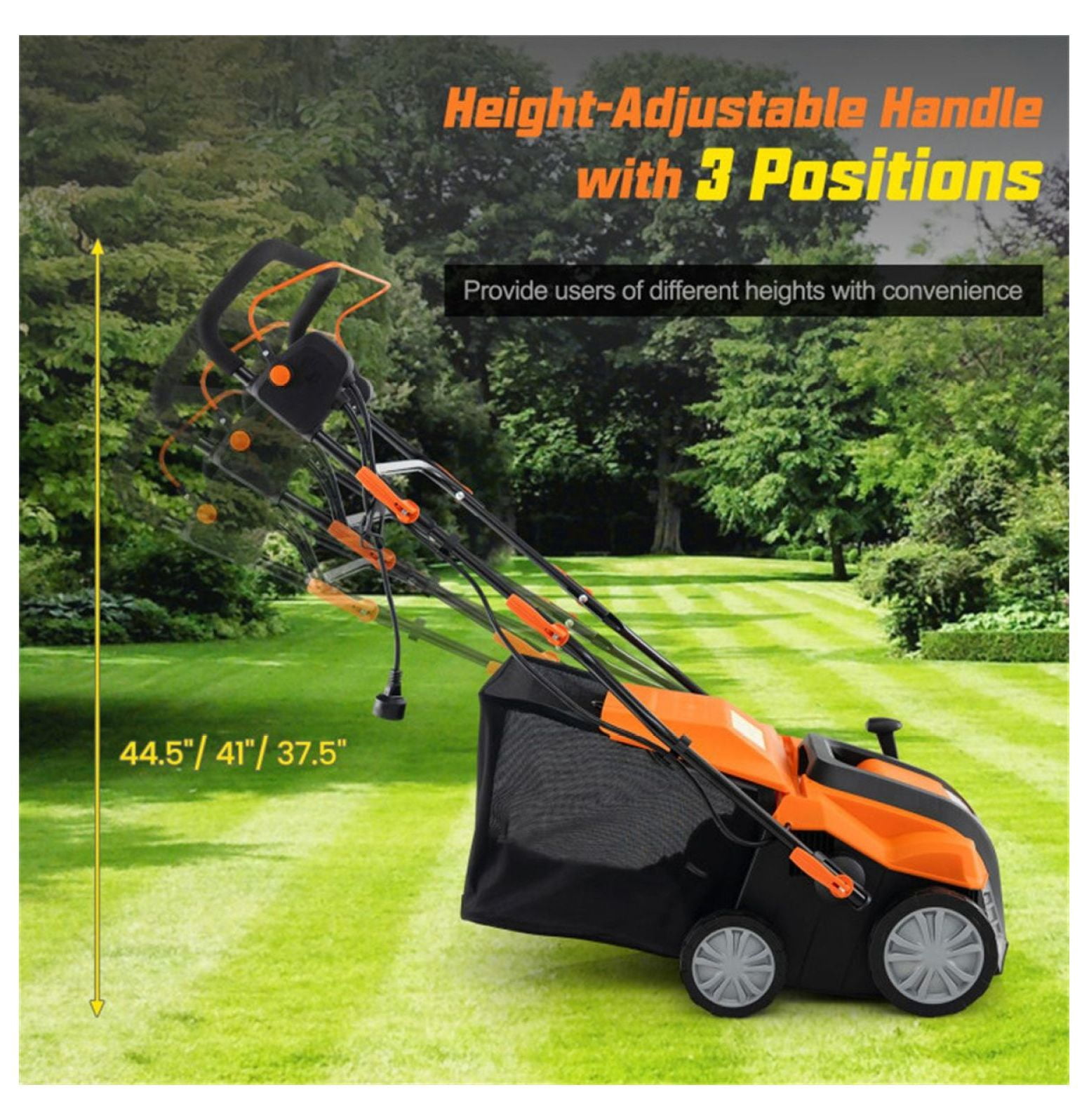 Electric Lawn Dethatcher, 16-Inch Corded Scarifier - 2-in-1 Adjustable Depth, Large Bag, Folding Design for Home Lawn Care - Orange