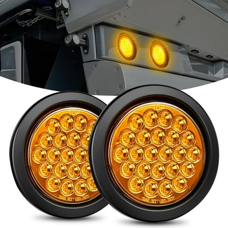 4Inch Round Trailer Tail Light 2PCS 24LED Amber Turn Signals Lights w/Flush Mount Grommets Plugs IP67 Waterproof for 12V Truck Bus RV Camper ATV UTV