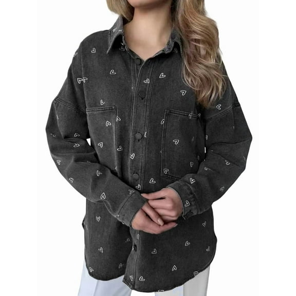 Women'S Denim Shirt Button-Up Denim Jacket Autumn Fashion Printed Casual Shirt Tops Black XL