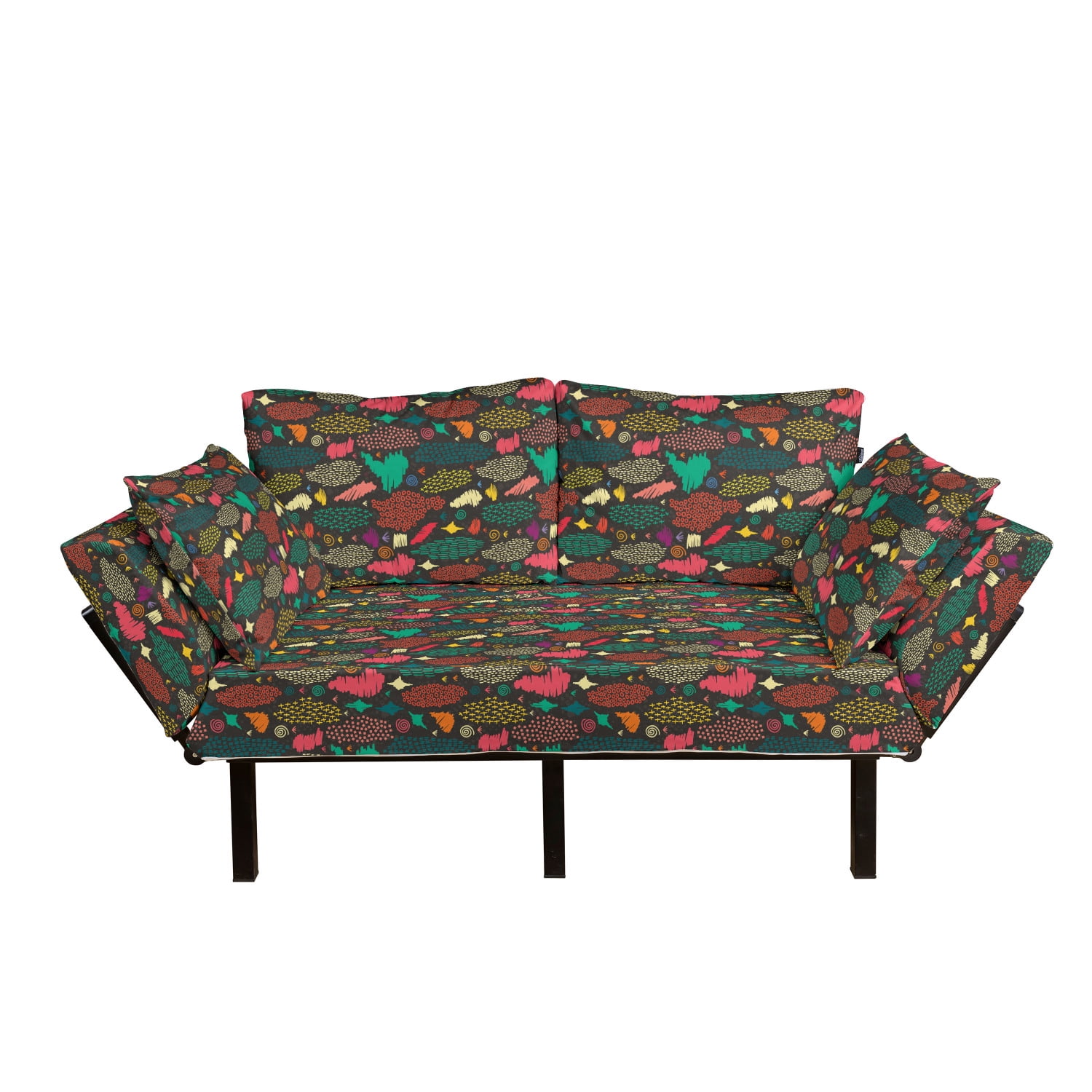 Boho Futon Couch, Colorful and Abstract Shapes in Doodling Style