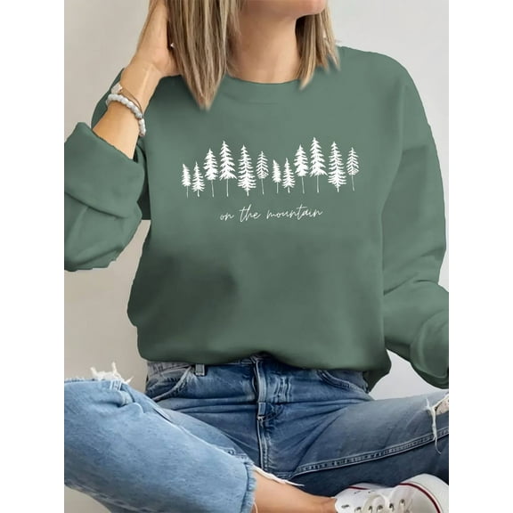 Crewneck Sweatshirt On The Mountain Wildflowers Camping Tree Print Long Sleeve Shirt for Women