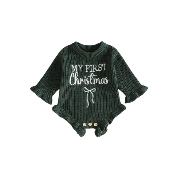 Cjfdfy Newborn Baby Girl Christmas Clothes Knit Ruffled Sweater Romper First Christmas Letter Bow Embroidery Bodysuits Infant Christmas Fall Winter Warm Clothes 0-12M