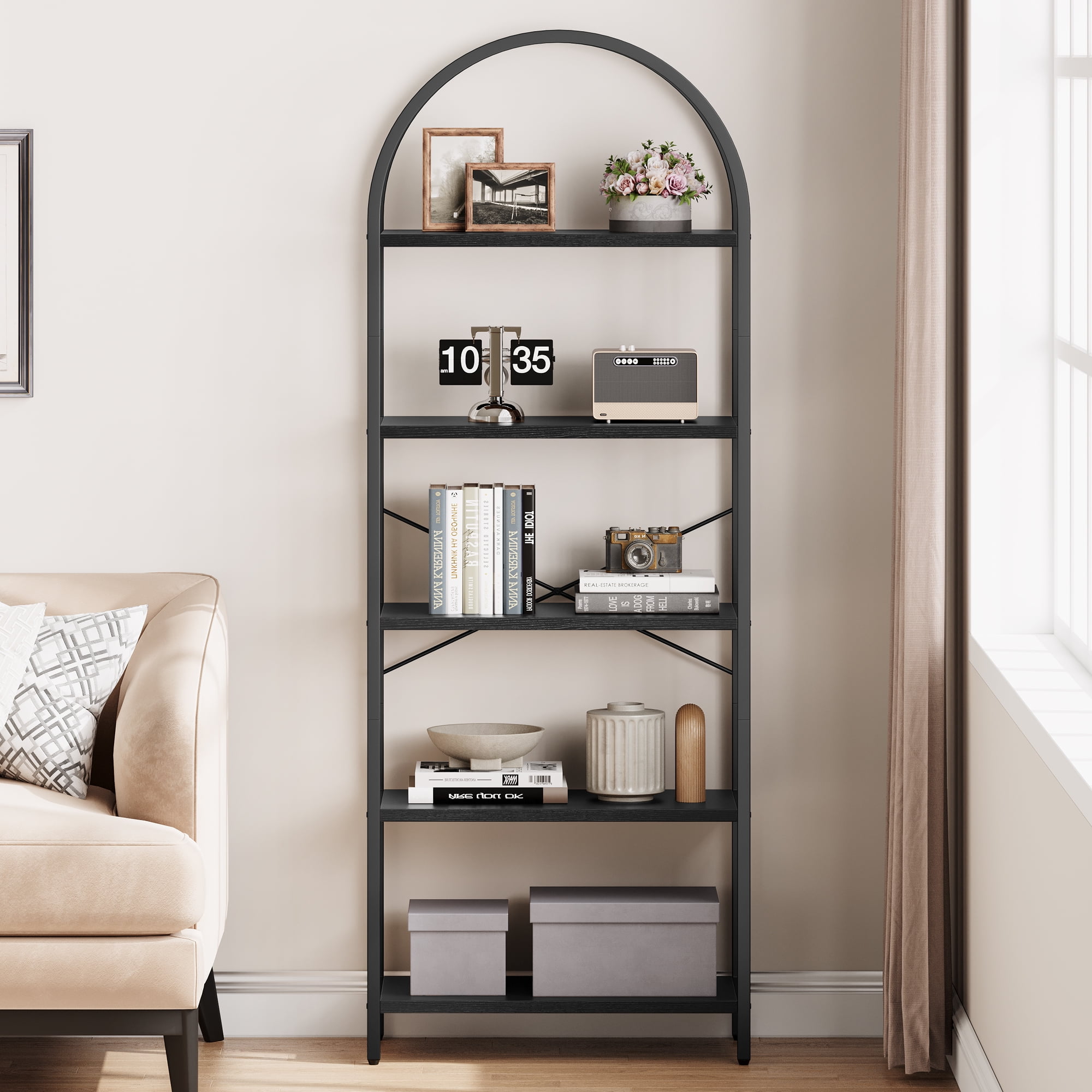 Riedhoff 5 Tier Bookcase, Arched Display Rack, Metal Frame, Modern Storage Rack Shelf, Black