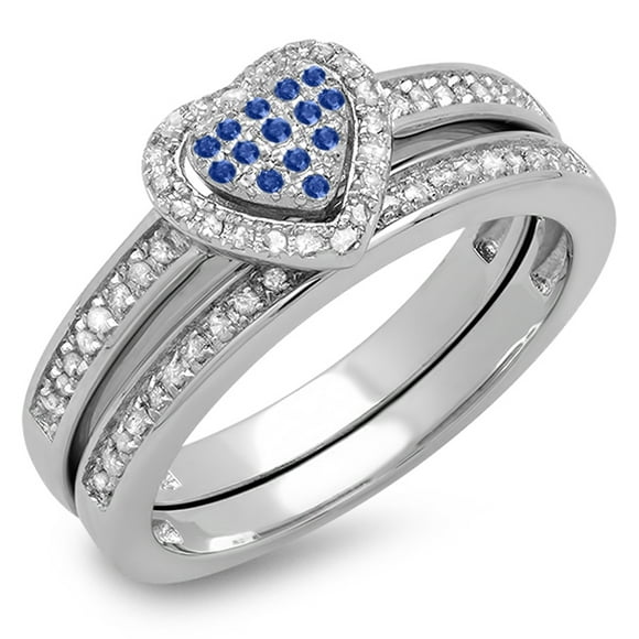 Dazzlingrock Collection Sterling Silver Blue Sapphire & White Diamond Heart Shaped Bridal Ring Set, Size 5