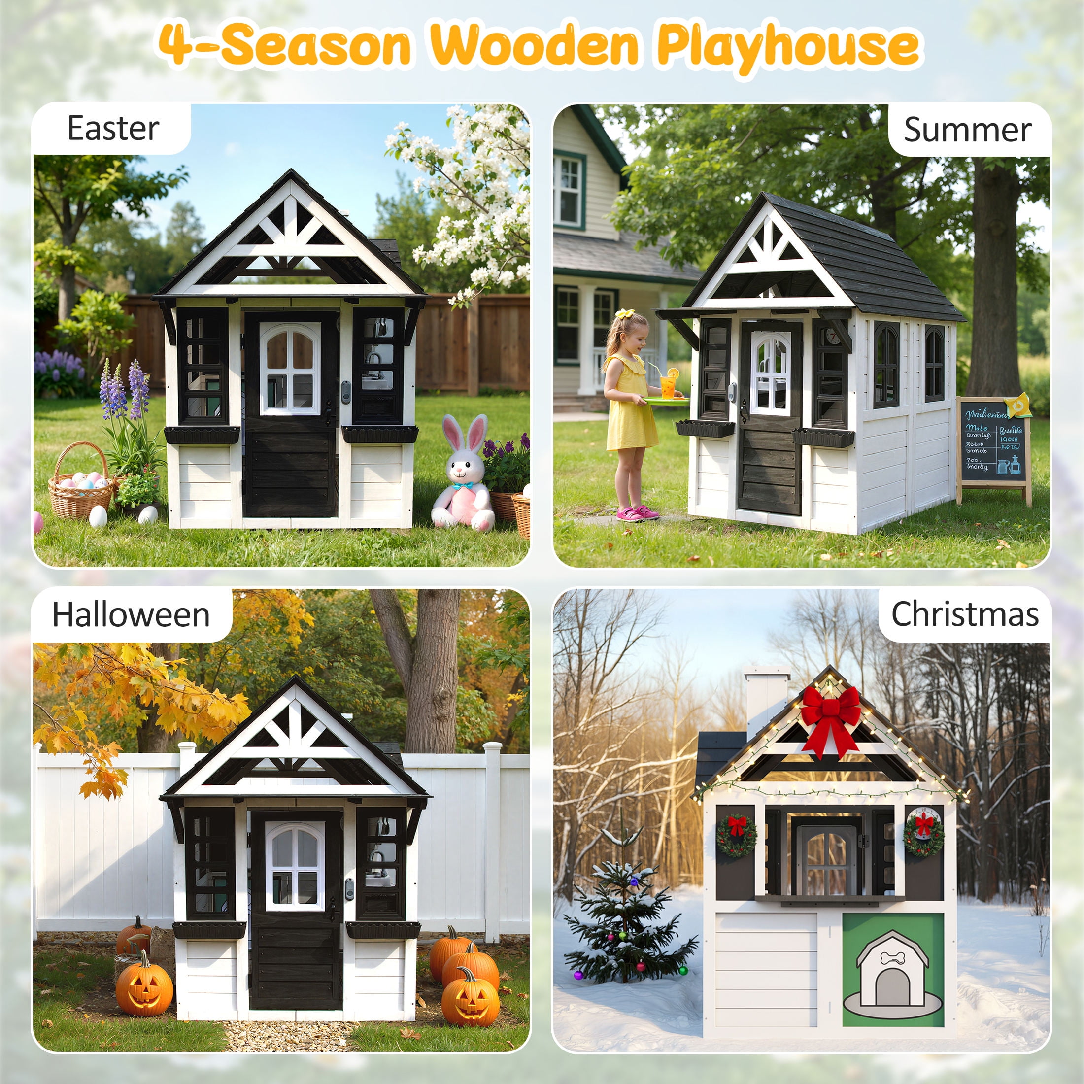 COCLUB Outdoor Playhouse for Kids Ages 4-8, Wooden Play House with Doorbell, Phone, Kitchen Toys, Outdoor Kids Play Equipment, Casa Para Niñas (45”L x 65”H), White & Black