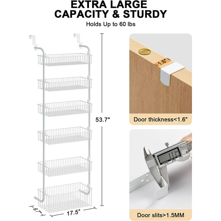 Over the Door Pantry Organizer, Delamu 6-Tier Larger Metal Pantry Door  Storage Spice Rack, 6.42D x 16.73W x 9.13H, White 