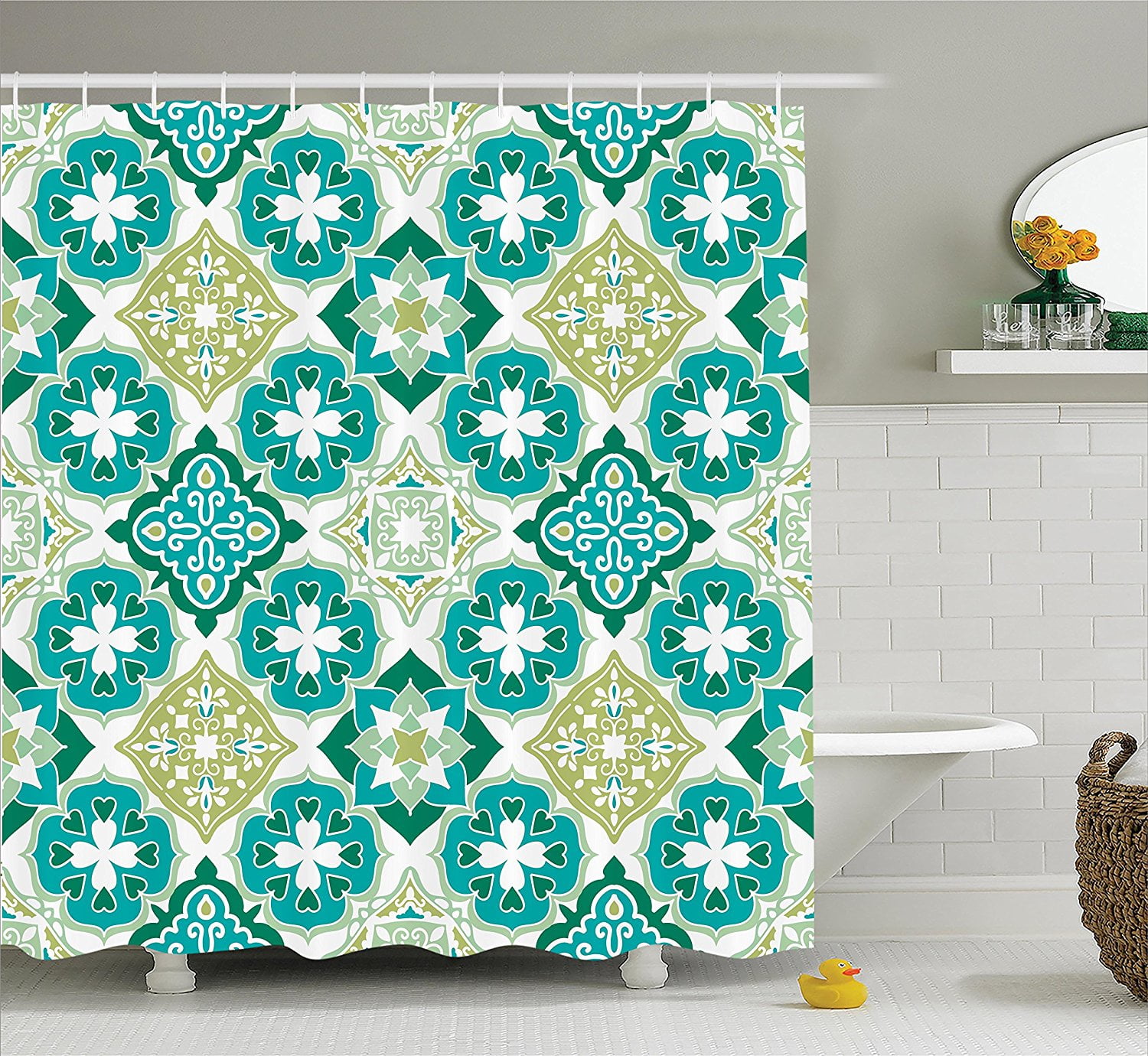 Moroccan Decor Shower Curtain Set by , Colored Tiled Pattern with