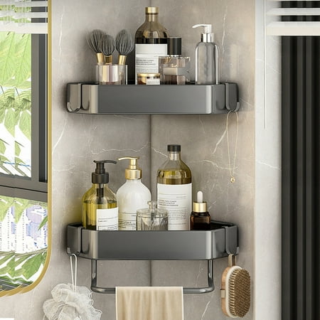 

Hesroicy Double Layer Kitchen Shelf - Large Capacity Carbon Steel Wall Corner Storage Rack with 4 Hooks - Perfect for Seasoning Bottles and Daily Use - Set of 1