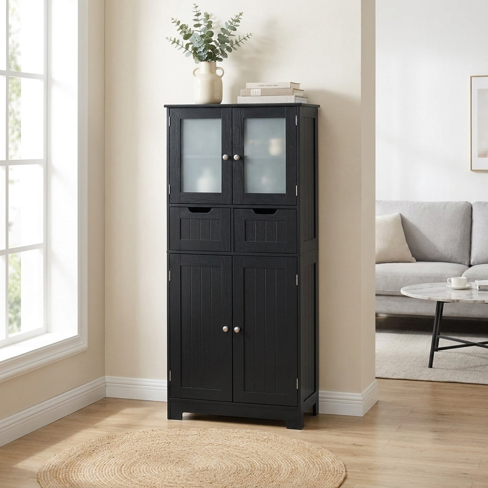 Vebreda Freestanding Bathroom Storage Cabinet, 4 Door Freestanding Bathroom Floor Storage Cabinet with 2 Drawers and Glass Doors