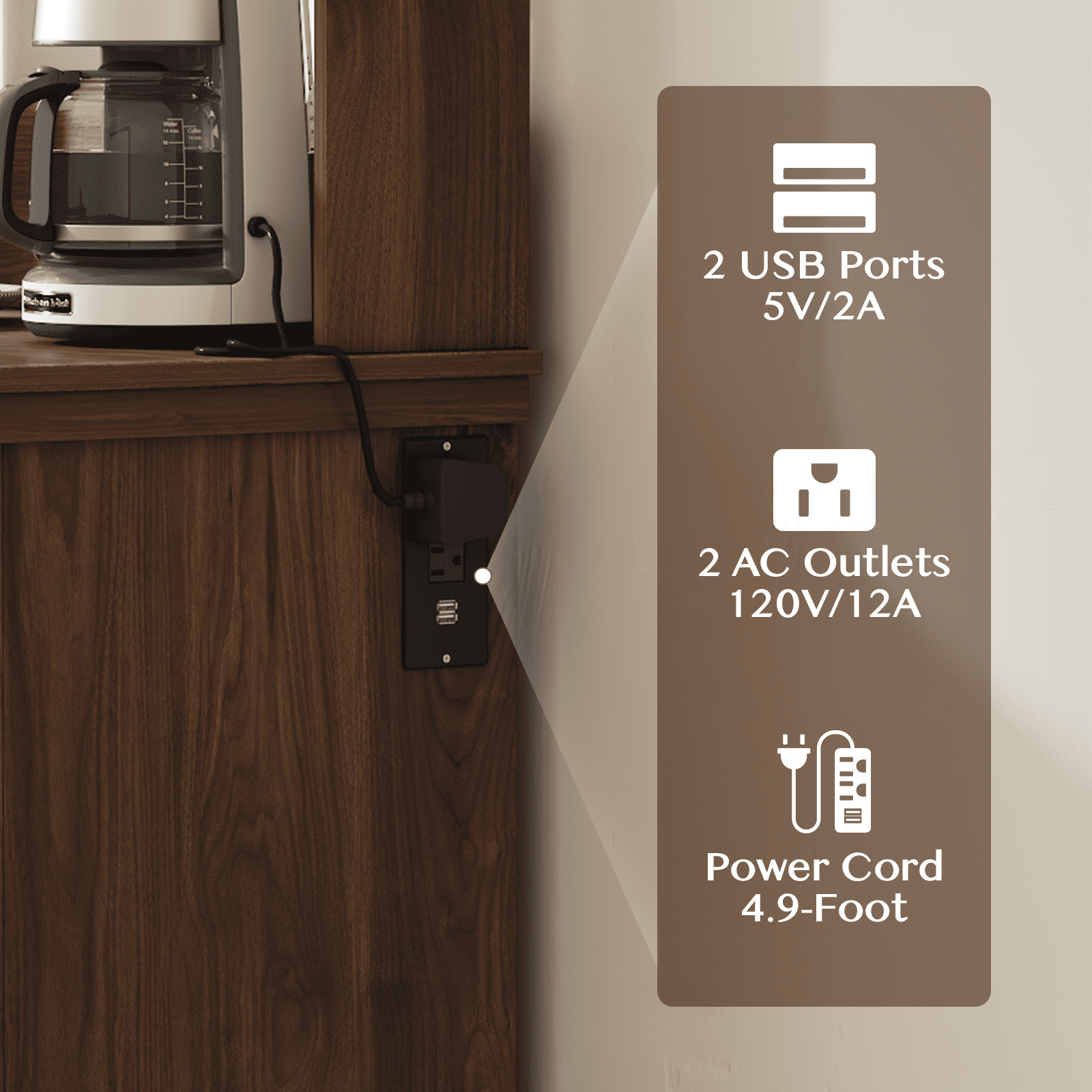 JOINICE Farmhouse Coffee Bar Cabinet with Storage and Power Outlet,Small Coffee Station with Adjustable Shelf,for Dining Room,Kitchen, Living Room,Walnut
