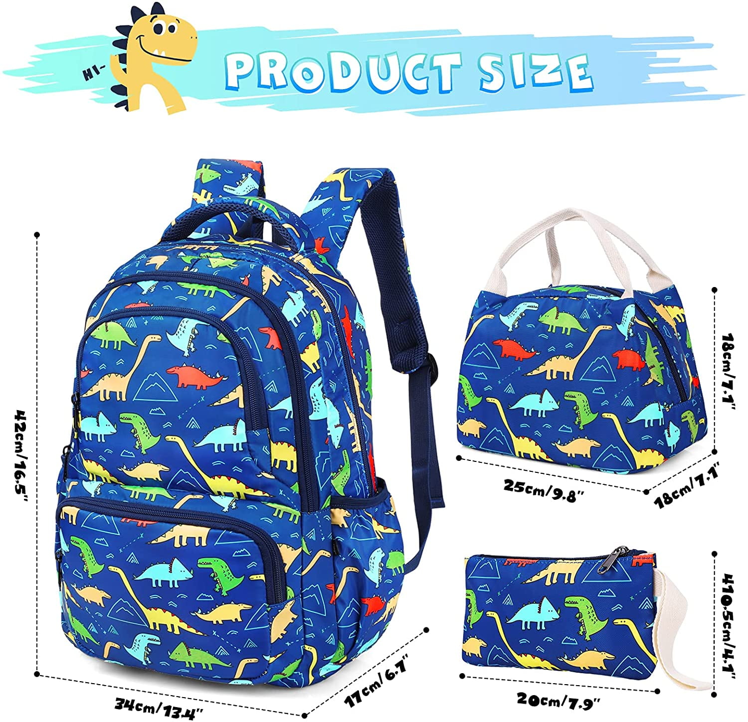 Kid's Dinosaur 3 in 1 Backpack Set Lovely Durable Bookbag Lunch