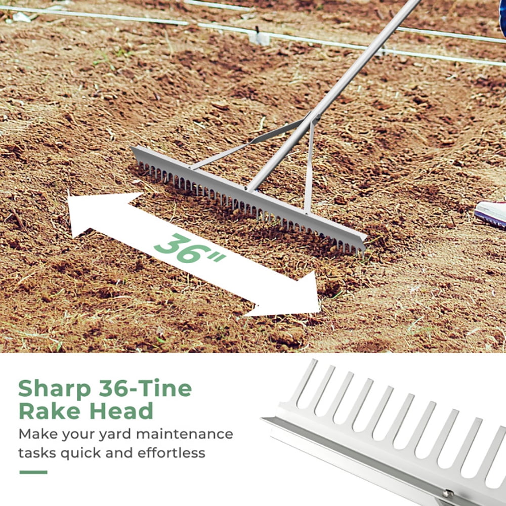 Yardi Yard Aluminum Rake with 36" Wide Rake Head and 68" Long Handle, Rolling Lawn Aerator, Rotary Spike Lawn Aerator