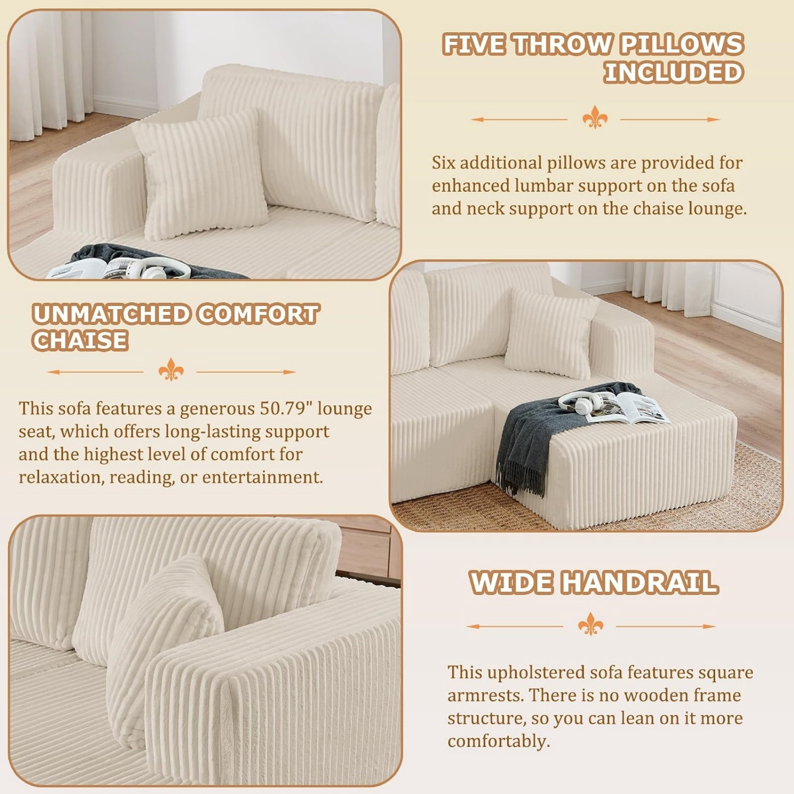 U Shape Modular Sectional Sofa with Chaise, Modern Minimalist Corduroy Couch with Sleeper Design, Comfy Space-Efficient Modular Sofa Set for Living Room, Apartment
