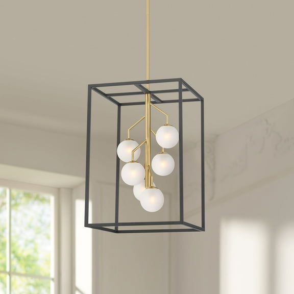 Possini Euro Design Alter Black Gold Pendant Chandelier 14 1/4" Wide Modern LED Frosted Glass 6-Light Fixture for Dining Room