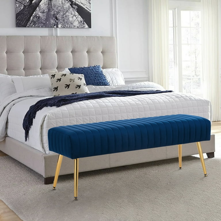 Dark Blue Velvet Upholstered Bench with Metal Legs for Bedroom