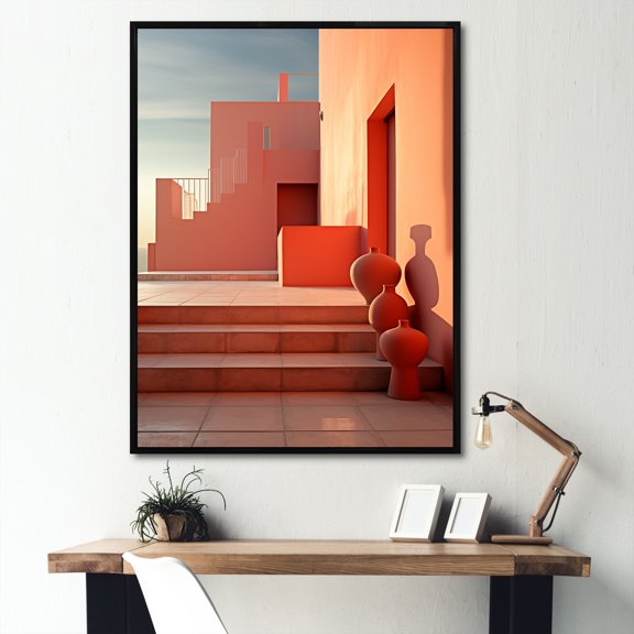 Designart "Peach-Hued Minimalist Industrial Projection I" Factories Floater Framed Canvas Prints