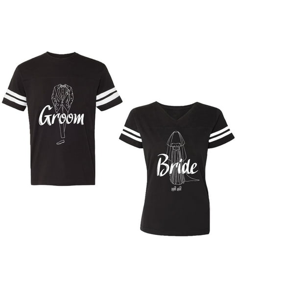 Groom Bride Unisex Couple Matching Cotton Jersey style T-Shirt Contrasting stripes on sleeves (Men Black / Women Black) (Men S / Women S)