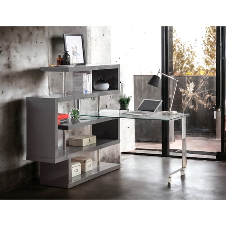 Fashionable Writing Desk With Clear Glass & Gloss 4 Shelf Storage Option Modern Composite Wood And 360° Mobility