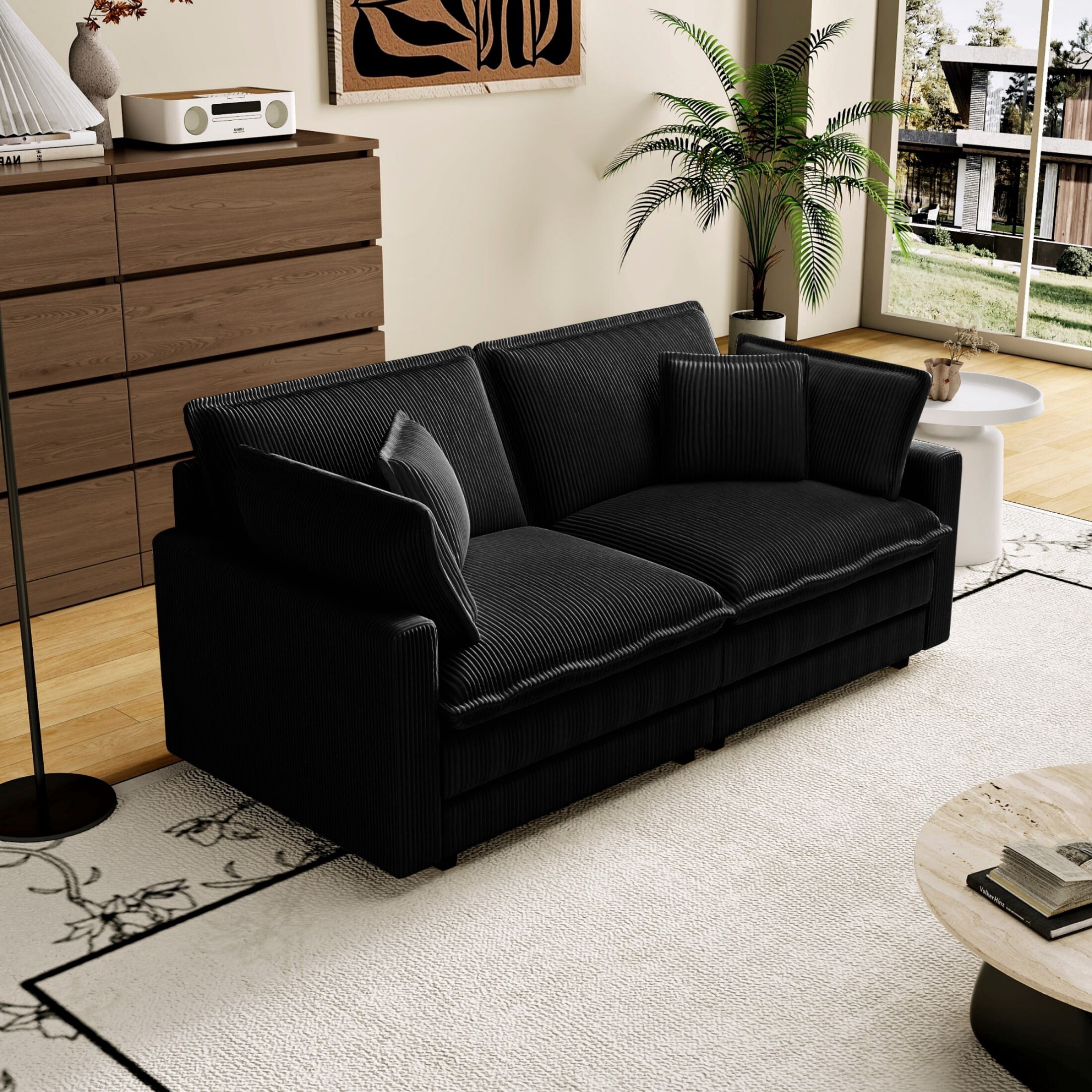 AENKYO 70.86'' Oversized Deep Seat Loveseat Sofa, Corduroy 2-Seater Couch with 4 Pillows, Black