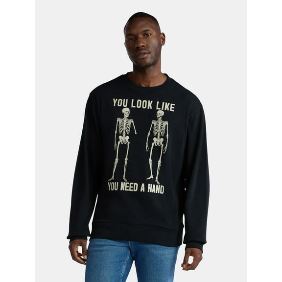 Halloween Crewneck Fleece Sweatshirt, You Look Like You Need a Hand Skeleton Crew, Men's Sizes XS-3XL