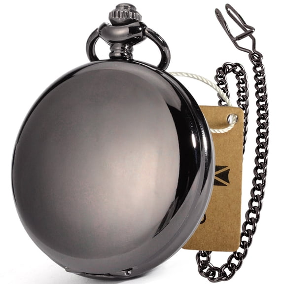 VIGOROSO Mechanical Pocket Watch Hand-winding Full Hunter Smooth Black Steel WatchCase Fob Chain Clock Watch with Gift Box