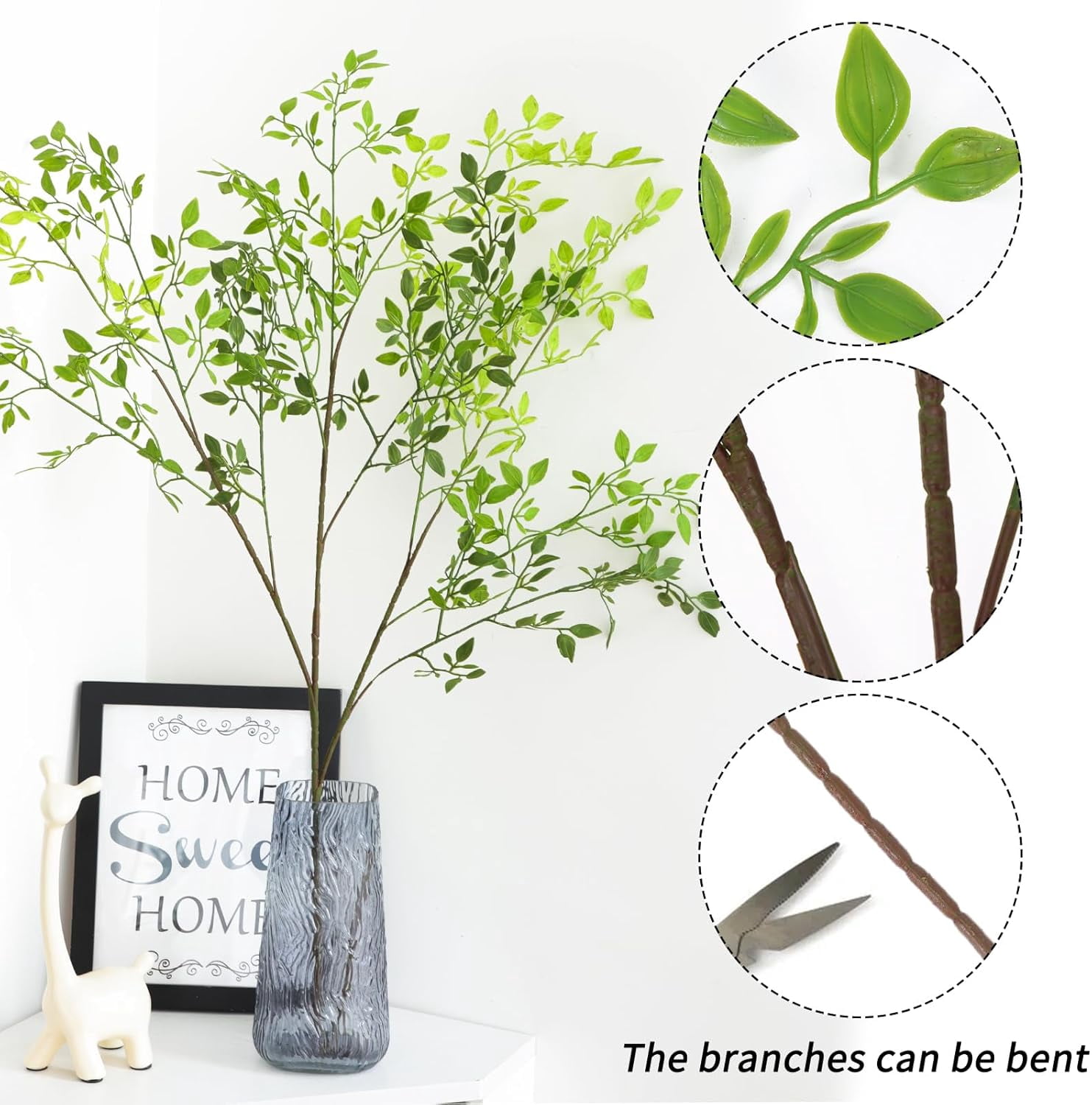 4pcs Artificial Plants Fake Greenery Branches for Vase, 43.3 Inch Green Nandina Long Steams for Tall Vase, Fake Plants Spring Stems for Wedding Garden Office Home Décor