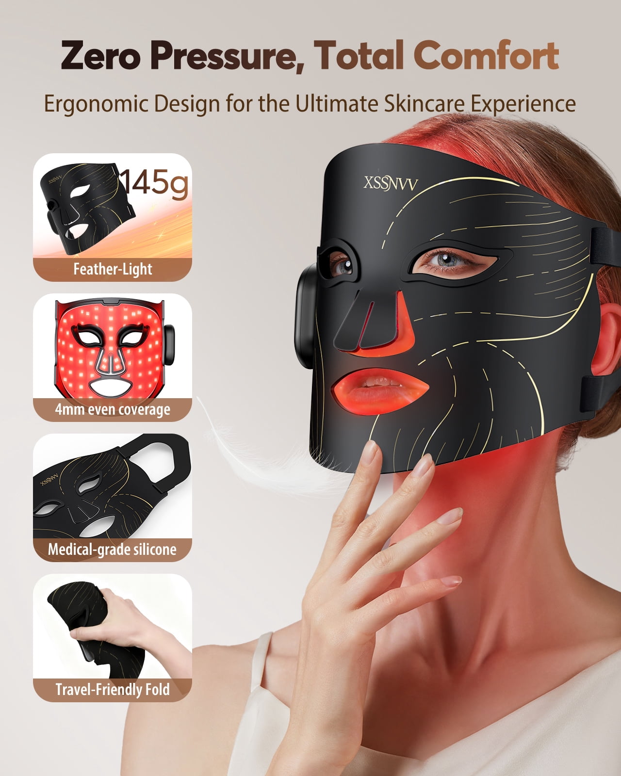 XSSNVV Red Light Therapy Face Mask, 4 Modes Portable LED Face Mask, Wireless 850NM Infrared Light Therapy Mask for Face, Home & Travel, Black