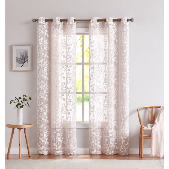 Set of Two 84"  Blush Floral Embroidered Window Panels