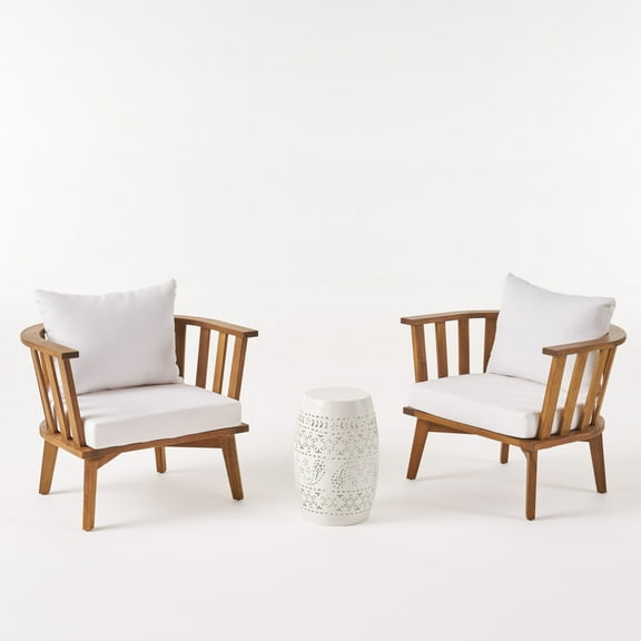 GDF Studio Taquile Outdoor Acacia Wood 3 Piece Chat Set with Cushions, Teak and White