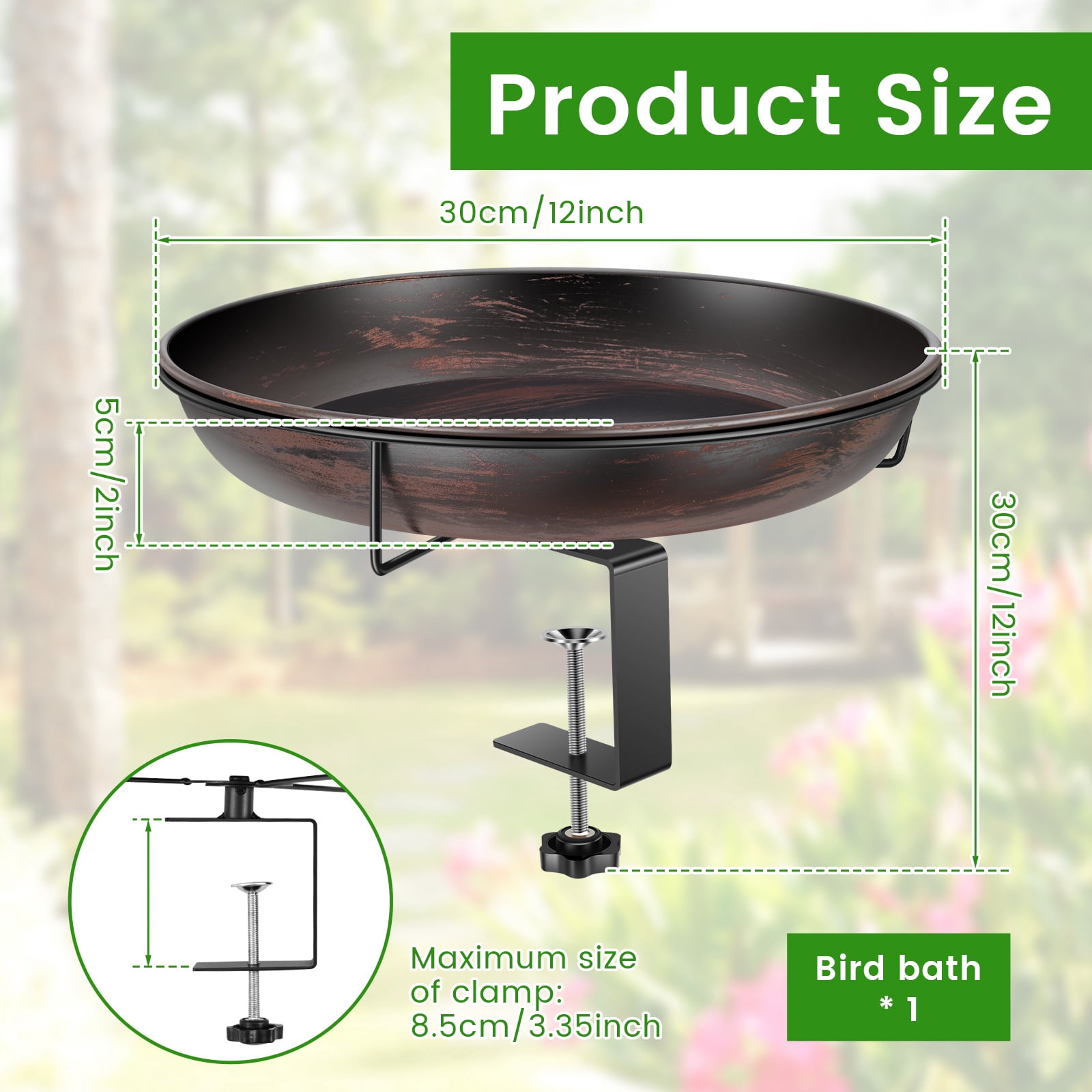 Threns Deck Mounted Bird Bath Bowl,12" Balcony Railing Birdbaths,Metal Birdbath for Outside with Sturdy Adjustable Clamp for Fence Outdoor Decor