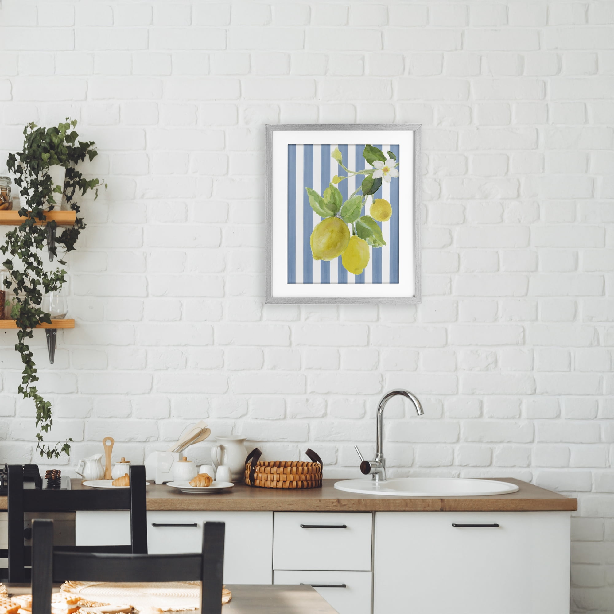 Stupell Industries Lemon Blossom on Blue Stripes Gray Framed Print Under Glass, design by Lanie Loreth
