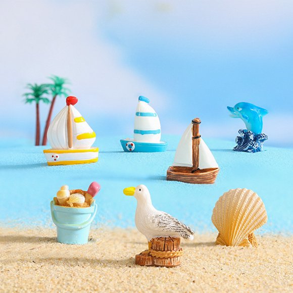 YAOMOBB Statue Seau Miniature Kit de Jouets Thème Bord de Mer 3/11 Pcs Mini Planche de Surf en Résine Coquillages Oiseaux de Mer Dauphin Étoile de Mer Modèles de Chaussures