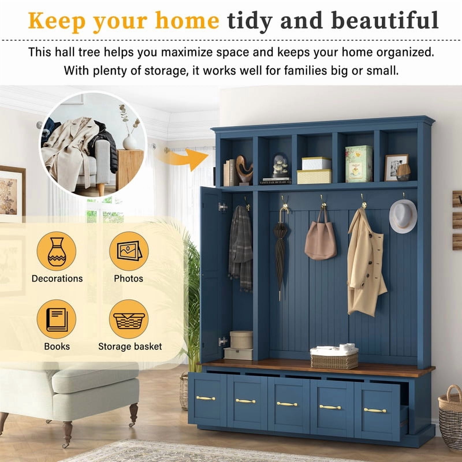 Entryway Large Hall Tree Unit with Coat Hooks, Storage Shoe Bench with Cabinet, Open Cubbies & Drawers
