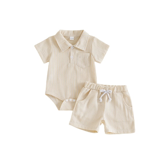 BemeyourBBs Newborn Baby Boy Summer Clothes Cute Infant Baby Boys 2 Pieces Outfit Short Sleeve Lapel Neck Striped Print Romper and Elastic Waist Pockets Shorts Set