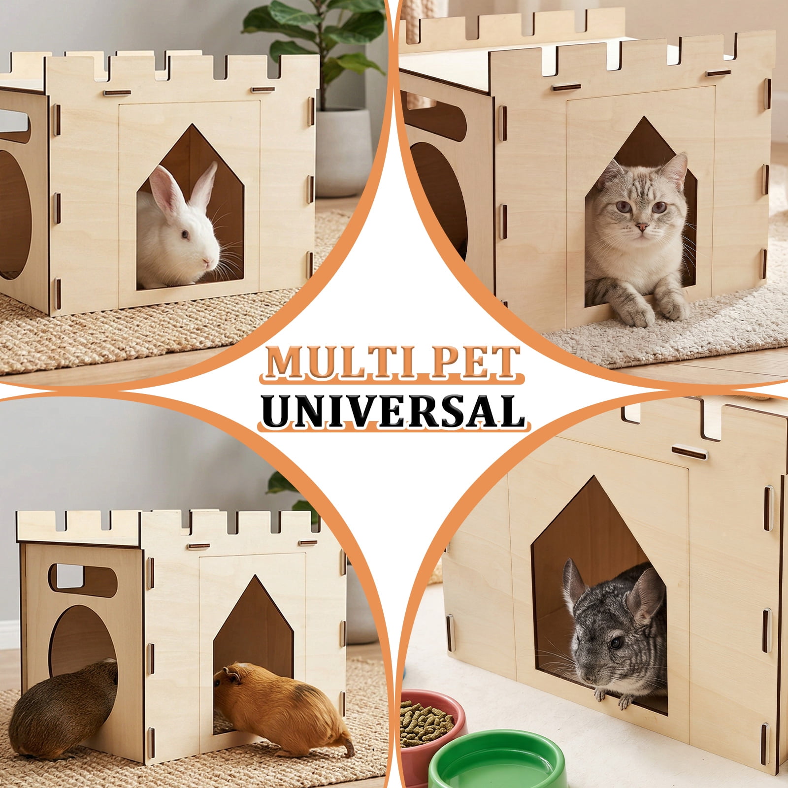 Wooden Bunny Castle House Easy Assembly Large Rabbit Hideout House Detachable Rabbit Castle Playhouse for Guinea Pig Chinchilla