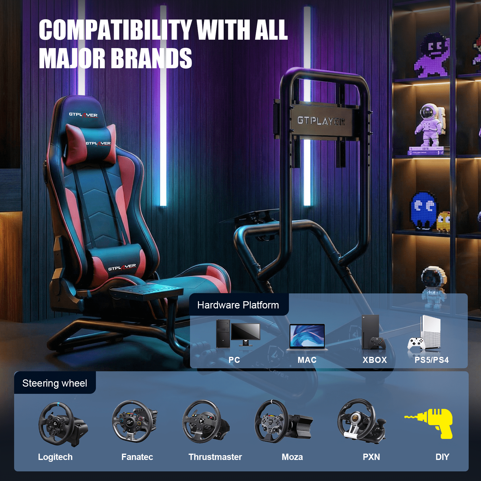 GTPLAYER Racing Simulator Cockpit with Monitor Stand, Racing Style Reclining Seat with Bluetooth Speakers, Red