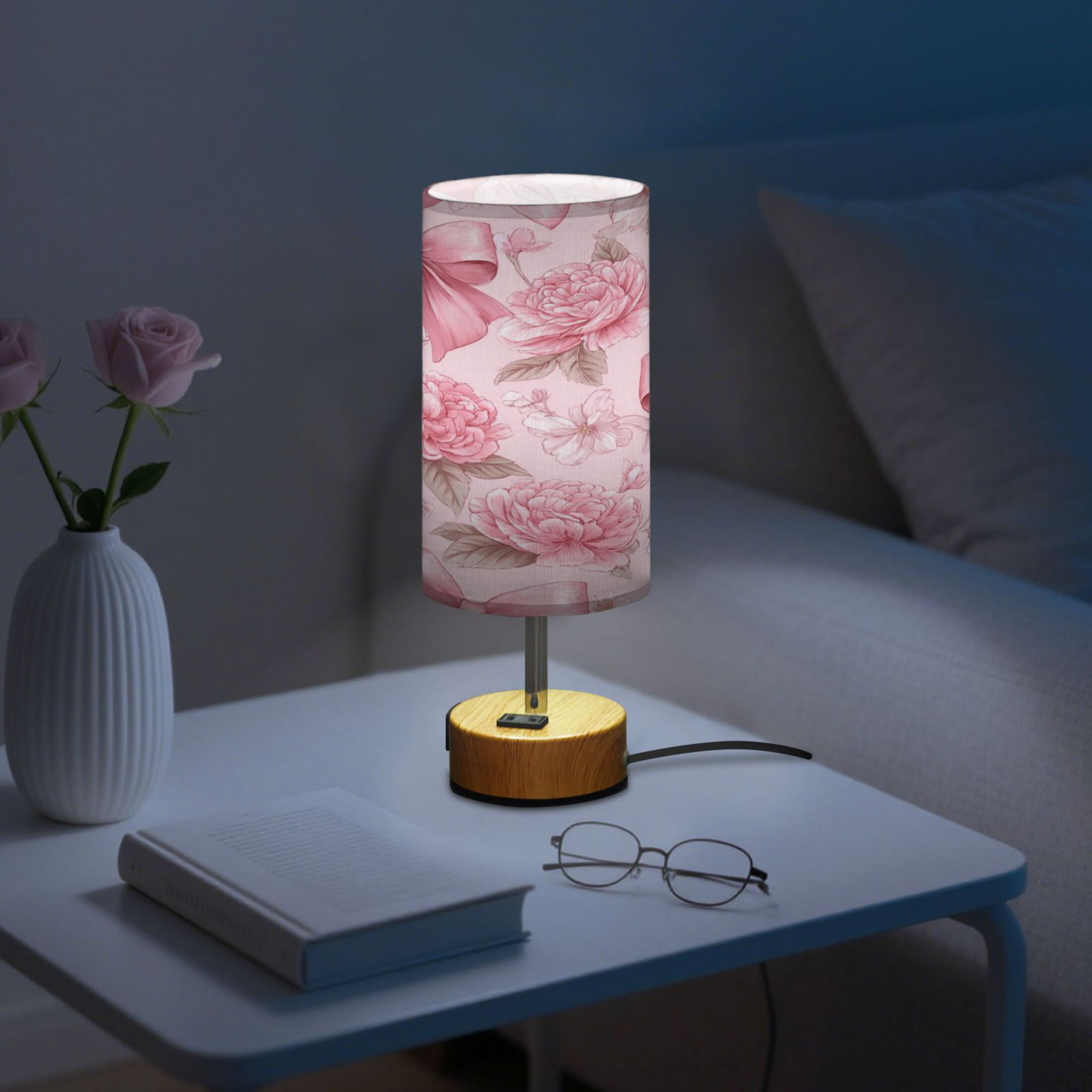 Touch-Control 3-Color Desk Lamp with Plug – Energy-Saving LED + 3 Simultaneous Charging Ports Pink Bows and Peony Flowers